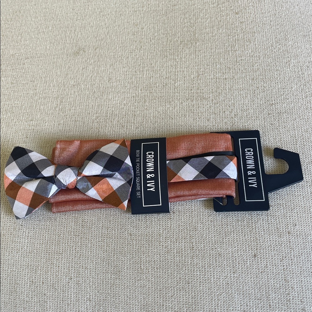 Crown & Ivy Checkered Orange Bow Tie Set